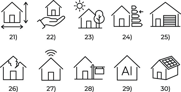 Real estate house line icons set featuring smart home technology energy efficiency and property sales sign.