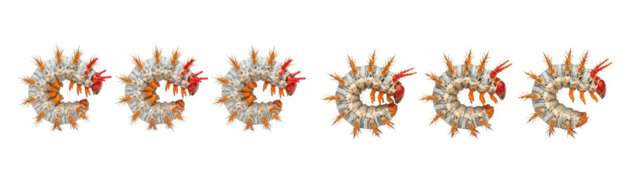 Set of six stinging caterpillars of the automeris io moth isolated on transparent background