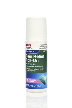 IRVINE, CALIFORNIA - 05 JUNE 2026: A box of CVS Health Pain Relief Roll-on with Menthol and Lavender scent.