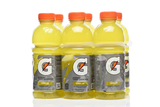 IRVINE, CALIFORNIA - 05 JUNE 2026: Six bottles of Gatorade Lemon Lime Sports Drink.