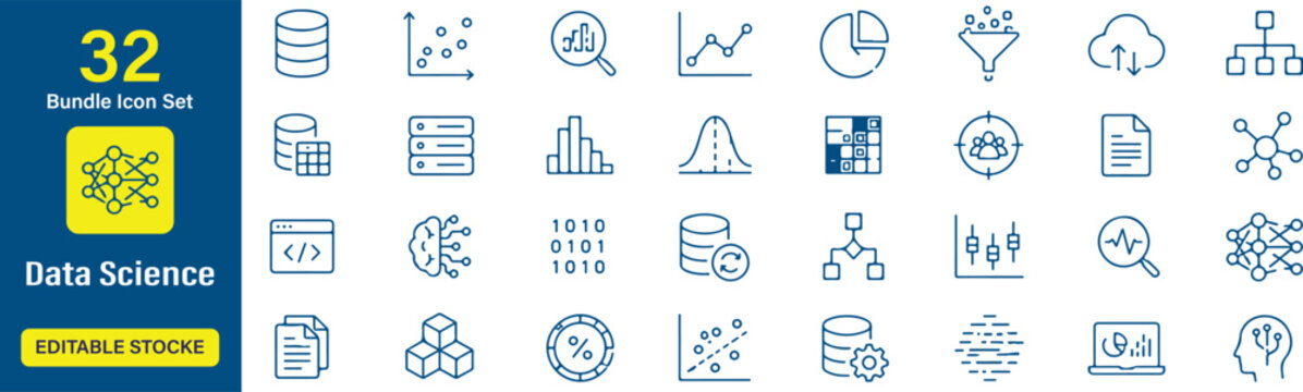 Set of 32 (Data Science Icons) Each icon will be different, create a vector outline icons using white background and black color