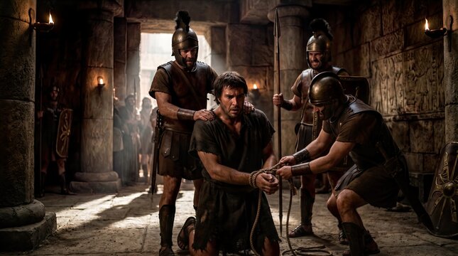 Samson Realizing Loss of Strength Philistine Soldiers Capturing Biblical Hero Dramatic Betrayal Emotional Turmoil Ancient Conflict