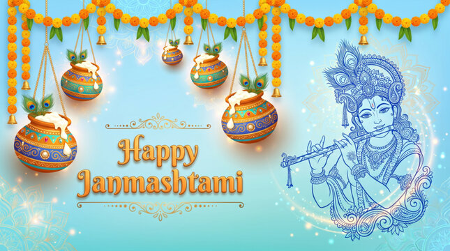 Festive dahi handi decorations with Krishna flute art for Janmashtami celebration greeting banner