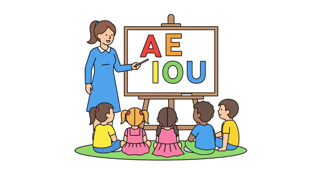 Teacher teaching vowels AEIOU to diverse children in classroom