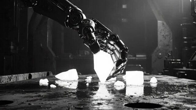 Futuristic robot hand carefully interacting with glowing ice cubes on a dark industrial surface in monochrome