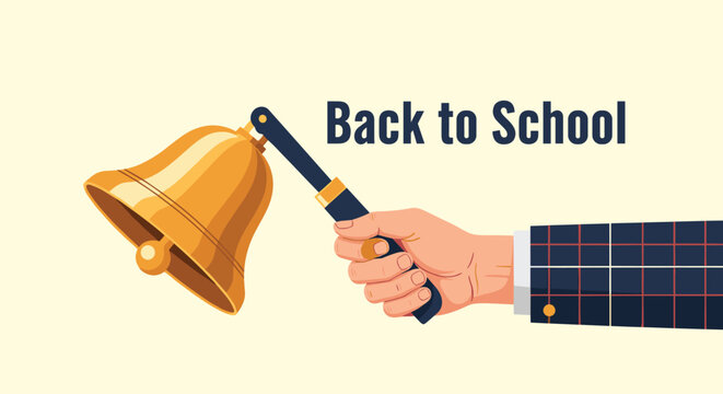 Person in a checkered business suit sleeve ringing a golden school bell to signal the start of classes with back to school text.