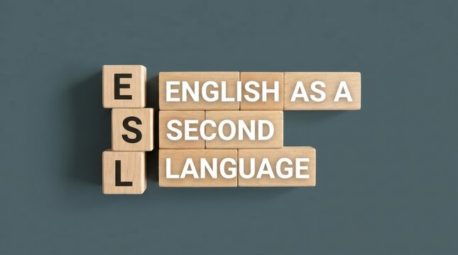 English as a Second Language ESL acronym on wooden blocks with grey background