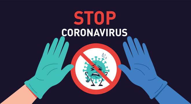 Global initiative message to stop coronavirus featuring a crossed out virus symbol and hands wearing medical gloves for safety.
