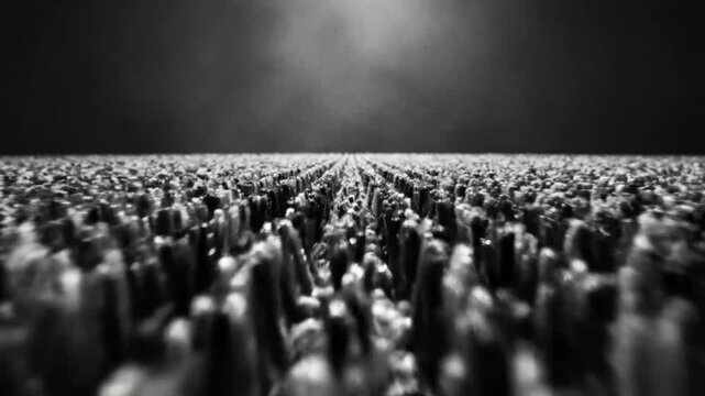 Abstract monochrome perspective of an endless expanse of densely packed vertical structures with a bright light source