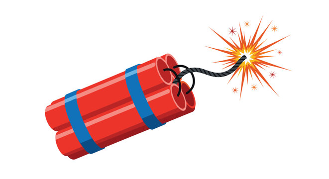 Bundle of three red dynamite sticks tied with blue tape with a burning black fuse and sparks representing danger and explosive force.
