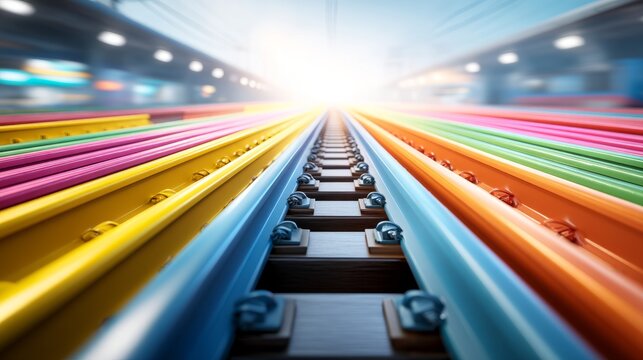 Vibrant Colored Railway Tracks Running Side by Side into the Bright Distance