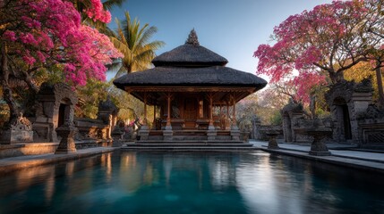 Fototapeta premium Tranquil Balinese Temple Beside Serene Water Basin Surrounded by Blossoms