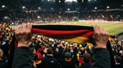 German football fan holding flag scarf in crowded stadium