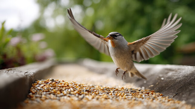 Gray jay flying with wings spread, hovering over a wooden smart bird feeder, detecting and identifying feeding wildlife in a backyard garden