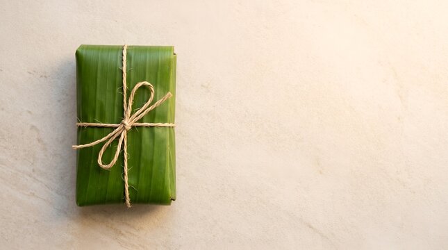 Rectangular gift wrapped in banana leaf with jute string on stone table