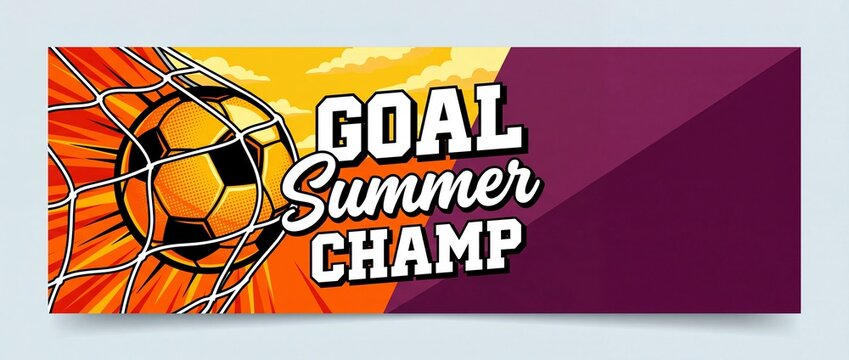 Soccer ball goal net banner with Summer Champ text illustration, featuring dynamic comic book style graphic design, orange halftone sunset background, and copy space for sports tournament layouts.