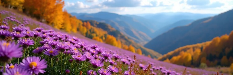 Obraz premium Purple asters bloom on mountain slope with autumn trees. Scenic valley landscape with layered blue hills under sky. Nature scene shows fall colors.