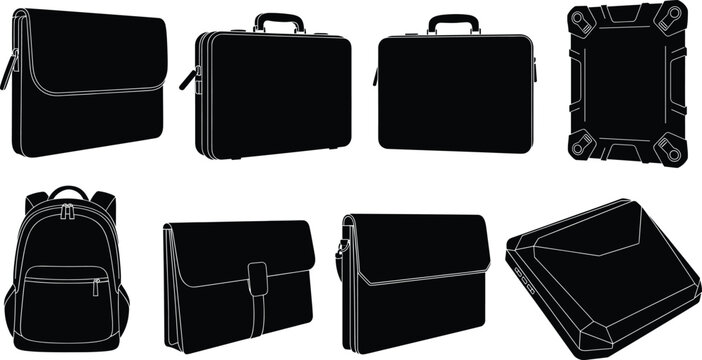 Business bags silhouettes, briefcase backpack laptop sleeve icons, travel office case vector illustration