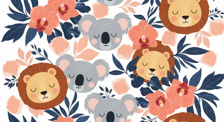 Obraz premium Whimsical Jungle Animals Seamless Pattern with Sleeping Koalas and Lions Tropical Flowers and Leaves
