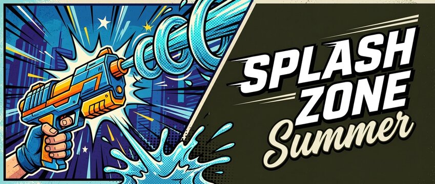 Water gun summer splash zone banner in pop art comic book style, retro toy blaster shooting water stream for seasonal pool party promotion, colorful vintage cartoon graphic illustration design.