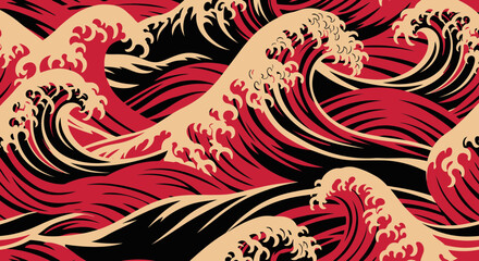 Fototapeta premium Japanese Wave Seamless Pattern in Red Black and Beige Creates Dynamic Asian Art Background for Vibrant Design Projects