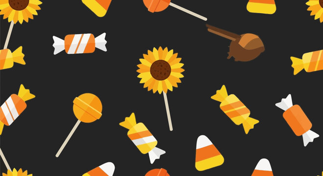 Halloween and Autumn Sweet Treats Seamless Pattern with Candy Corn Wrapped Candies and Sunflower Lollipops