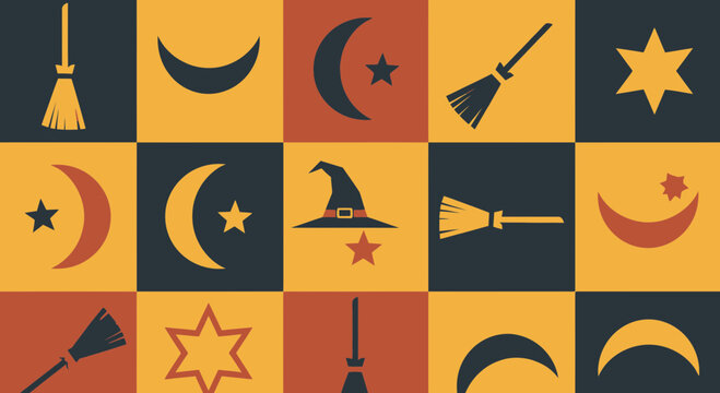 Halloween Themed Tileable Background Pattern with Witch Brooms Crescent Moons and Stars for Holiday Design