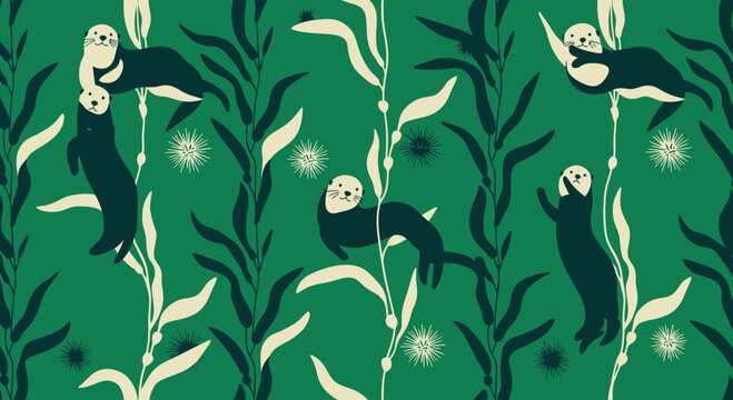 Otters Swimming Playfully in a Stylized Kelp Forest with Sea Urchins Seamless Pattern Design for Textiles