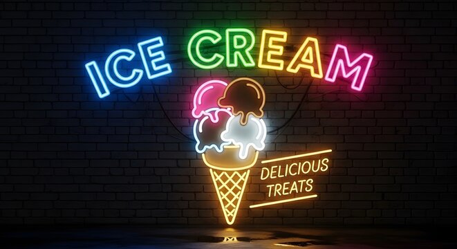 Bright neon ice cream cone sign glowing on a dark brick wall to advertise a delicious dessert shop with icecream colorful business
