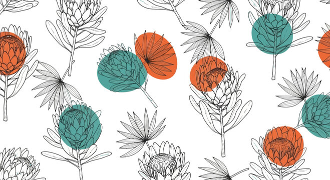 Protea Flower and Tropical Leaf Seamless Pattern with Modern Colored Circles for Elegant Designs