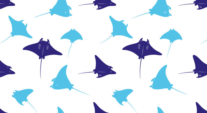Ray Seamless Pattern Design Featuring Stylized Blue Marine Life Swimming Gracefully in Clear Ocean Water