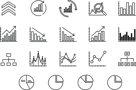 Business growth and decline infographic vector icons set with charts graphs diagrams analytics and pie chart symbols