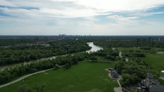 Assiniboine Park, Winnipeg, Manitoba, Canada  Jun.05.2026: Arial view of Park with city on a background 3 in 1