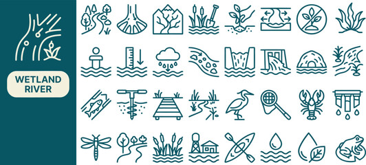 Wetland Wildlife Marsh outline icon set. Featuring heron, frog, dragonfly, snail, and fish symbols. Editable stroke vector icons for wildlife sanctuary and ecology education app. © Pixel_Forge