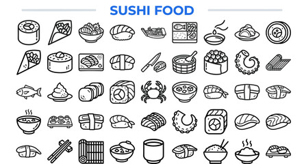 Sushi and Japanese Food outline icon set. Featuring nigiri, maki roll, sashimi, soy sauce, and chopstick symbols. Editable stroke vector icons for restaurant menu and meal delivery app. © Pixel_Forge