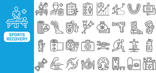 Athletic Rehabilitation Physio outline icon set. Featuring kinesio tape, heat pad, resistance band, knee brace, and roller symbols. Editable stroke vector icons for rehab center and wellness spa. © Pixel_Forge