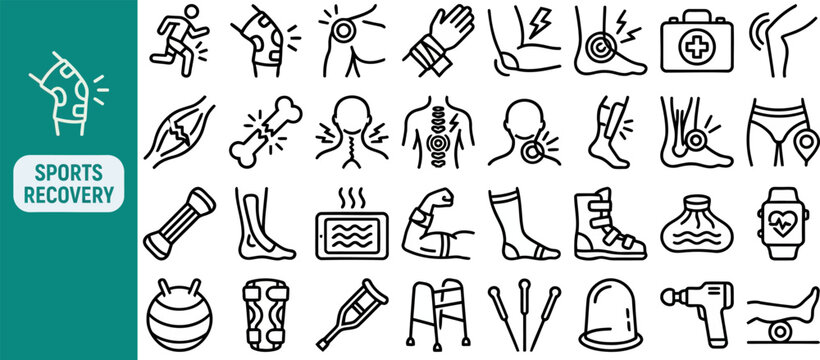 Sport Recovery Gear outline icon set. Featuring water bottle, towel, sneaker, stopwatch, and dumbbell symbols. Editable stroke vector icons for fitness store and athletic training program.