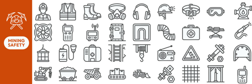 Mining Equipment and Mineral outline icon set. Featuring pickaxe, ore cart, drill, excavator, and gold nugget symbols. Editable stroke vector icons for mining industry and quarry operation.