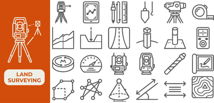 Land Surveying Instrument outline icon set. Featuring theodolite, tripod, total station, level, and measuring tape symbols. Editable stroke vector icons for geomatics service and construction site.