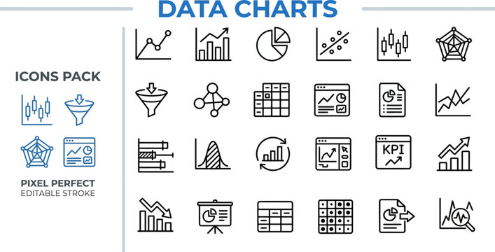 Data Chart and Graph Type outline icon set. Featuring bar chart, pie chart, line graph, histogram, and scatter plot symbols. Editable stroke vector icons for data report and presentation slide.