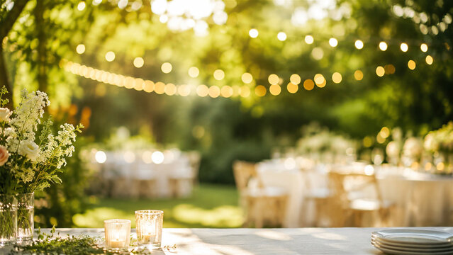 outdoor wedding reception table with flower decoration and string light. Garden party setup with bokeh background. Romantic celebration decor for banquet at nature. Elegant venue event