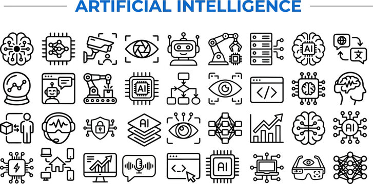 Artificial Intelligence AI outline icon set. Featuring brain, chip, robot, neural net, and algorithm symbols. Editable stroke vector icons for tech startup and machine learning software.