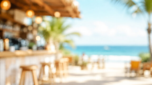 blurred view of a tropical beach bar by the ocean during a sunny day. Summer vacation travel background with wooden stools and palm tree. Relaxing coastal scenery for holiday concept