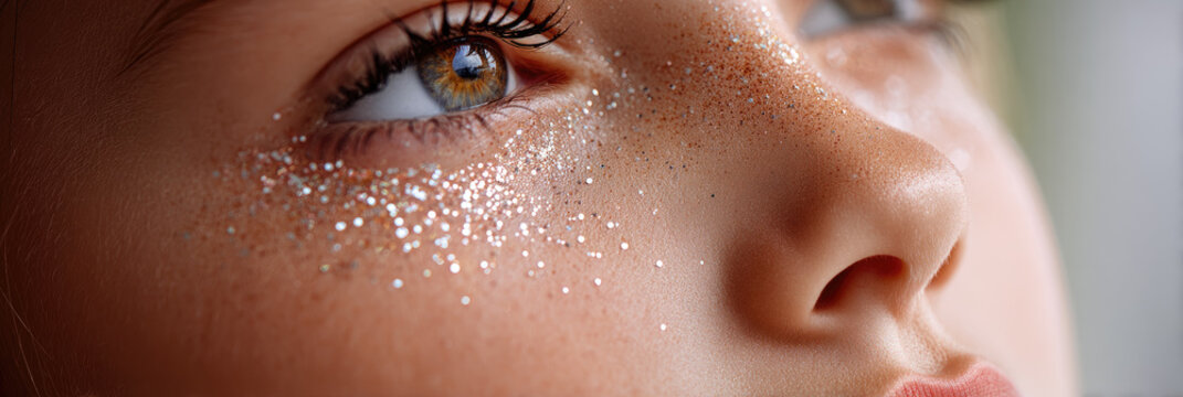 Young person's eyes with sparkling gold and silver glitter makeup around them, highlighting beauty and glamour for a festive occasion or bold artistic expression