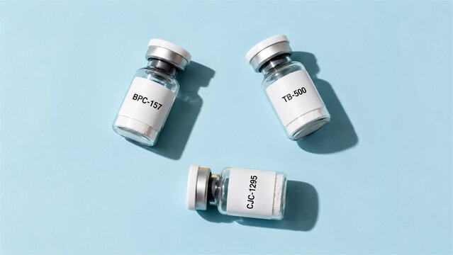 glass vials containing pharmaceutical peptides for medical treatment. Laboratory science research tools for muscle recovery and health enhancement. Clinical drug preparation on blue background.