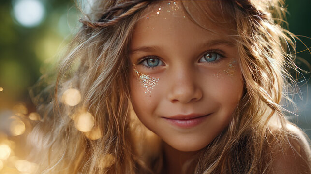 Young girl smiling wearing colorful glitter makeup on cheeks and bra ids, representing joy, celebration, summer festivals, childhood happiness, and playful energy outdoors