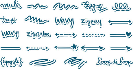 Collection of hand drawn line art words phrases arrows and shapes in teal on transparent background. © chaity