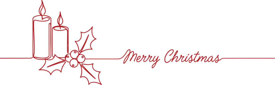 Continuous line drawing of burning holiday candles with holly berries and Merry Christmas script typography minimalist winter festive vector banner illustration