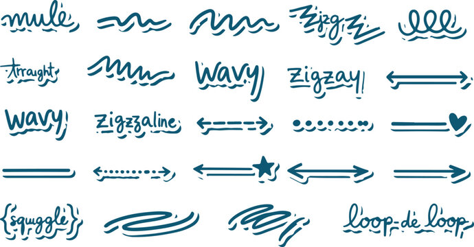 Collection of hand drawn line art words phrases arrows and shapes in teal on transparent background.