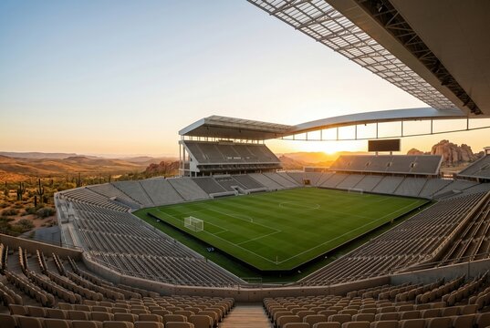 Modern football stadium at sunset in desert landscape